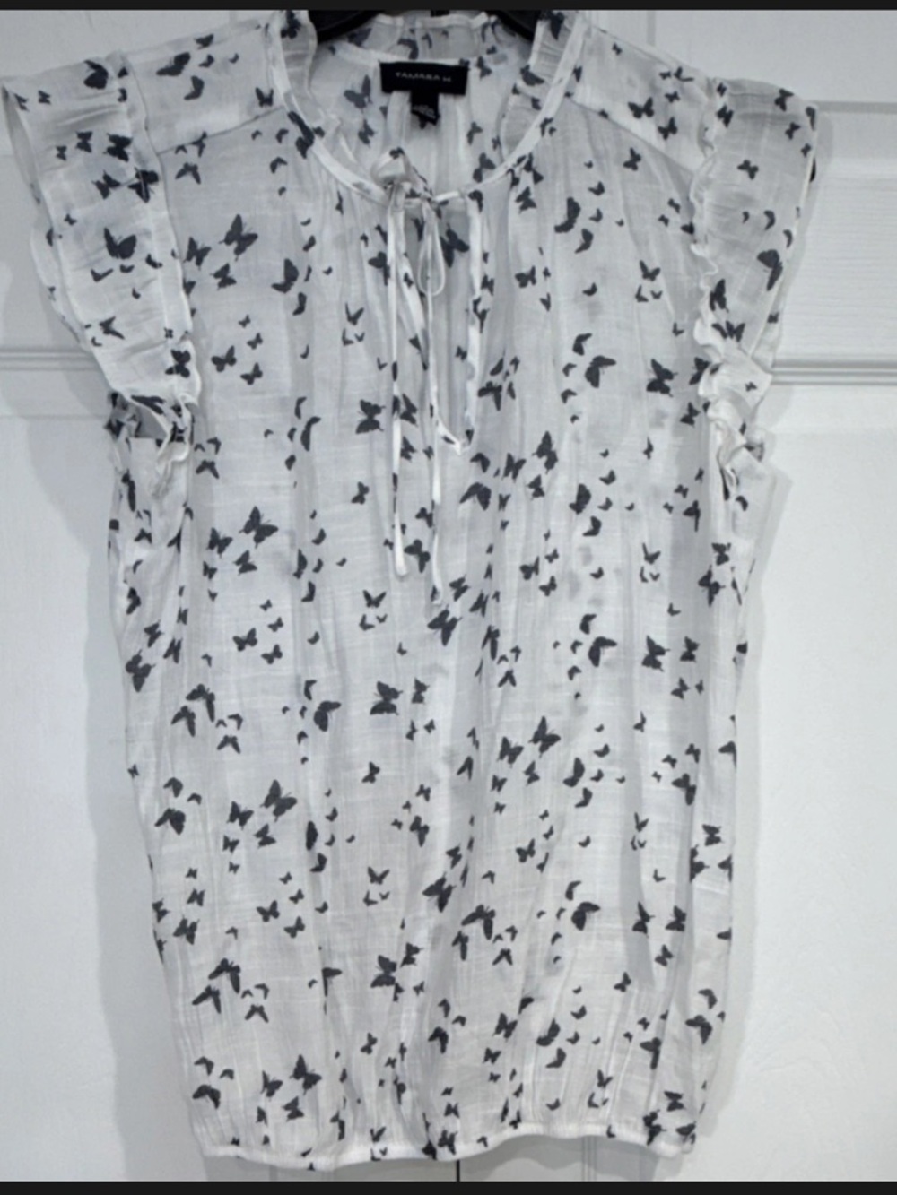 Tamara S/P White Black Butterfly Print Cap Sleeve Ruffle Tie Blouse Whimsy Boho‎